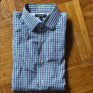 Banana Republic Men's Blue and Green Checkered Shirt